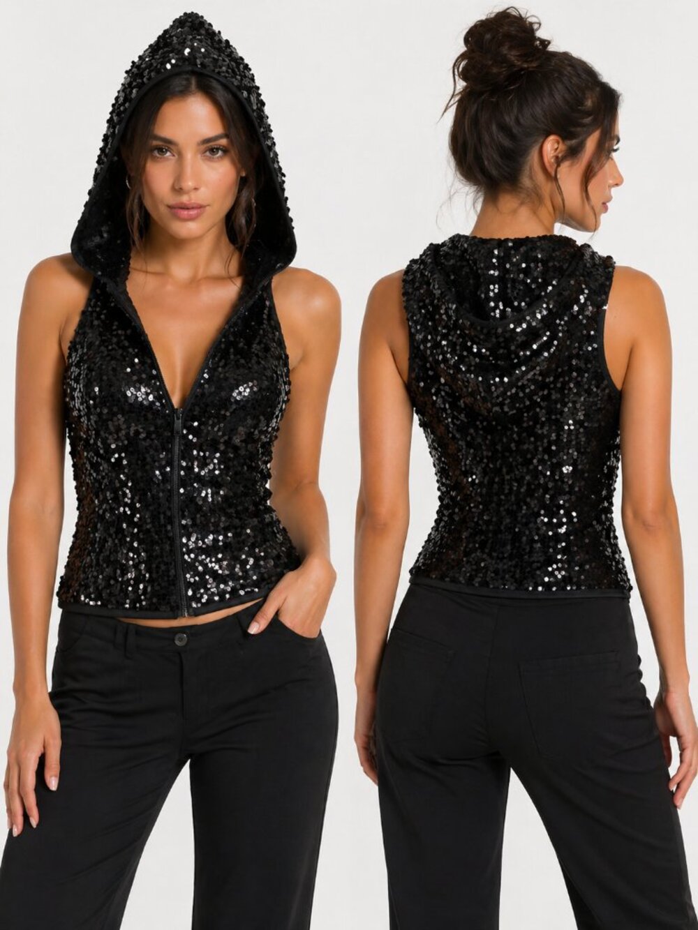 Weissman Black Sequin Tank Top With Hood Dance Small Adult Zip Up